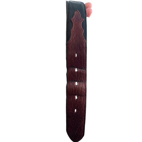 Vintage 1995 JUSTIN Western Black Brown Leather Belt Cowboy Silver Tone Buckle - Picture 12 of 16